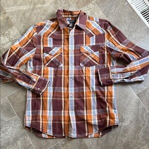 Bluenotes M pearl button snap western plaid brown/ cream long sleeve shirt 🕰️